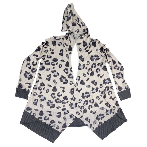 Cardigan Leopard Ultra Soft Cream Black Open Front Hood Lightweight Womens Med - Picture 4 of 8